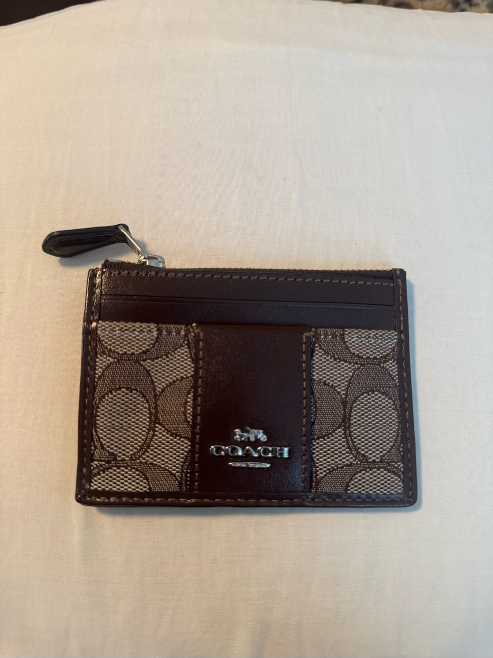 Coach Brown and Khaki Signature Zip Card Case